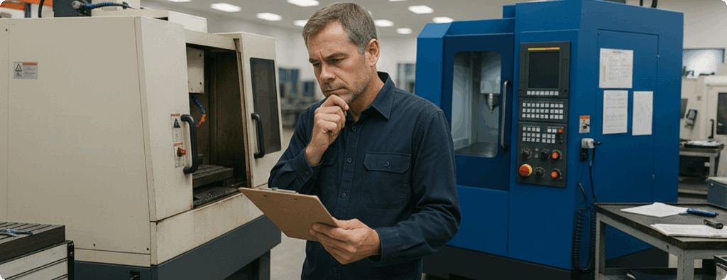 Decision-making guide for machine servicing vs. replacement highlighting downtime, cost, performance, and operator efficiency considerations by Ferro Technique.